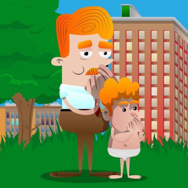 Mutlu başarılı bir iş adamı ve babası elleriyle ağzına oğlu ile gülümseyen. Vektör çizgi film karakteri çizim.