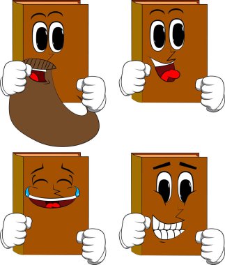 Yumruklarını önünde savaşmaya hazır tutan kitaplar. Karikatür kitap koleksiyonu ile mutlu yüzler. İfadeler kümesi vektör.