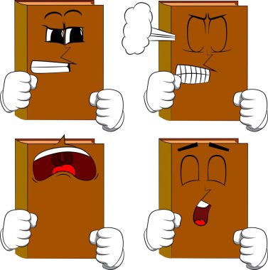 Yumruklarını önünde savaşmaya hazır tutan kitaplar. Kızgın ve üzgün yüzlerle karikatür kitap koleksiyonu. İfadeler kümesi vektör.