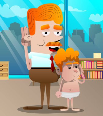 Mutlu gülümseyen başarılı iş adamı ve babası tutan el onun kulağına, oğlu ile dinleme. Vektör çizgi film karakteri çizim.