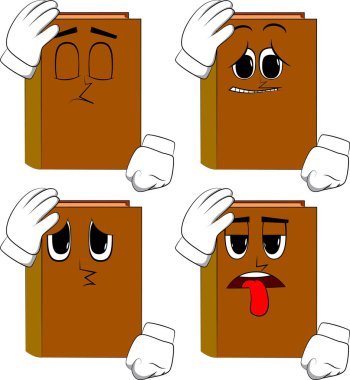 Elini başının üstüne yerleştirerek kitaplar. Karikatür kitap koleksiyonu ile yüzleri üzgün. İfadeler kümesi vektör.