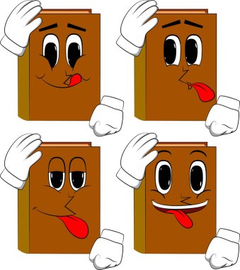 Elini başının üstüne yerleştirerek kitaplar. Karikatür kitap koleksiyonu ile mutlu yüzler. İfadeler kümesi vektör.