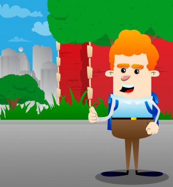 Başparmak yukarıya işareti yaparak okul çocuğu. Vektör çizgi film karakteri çizim.