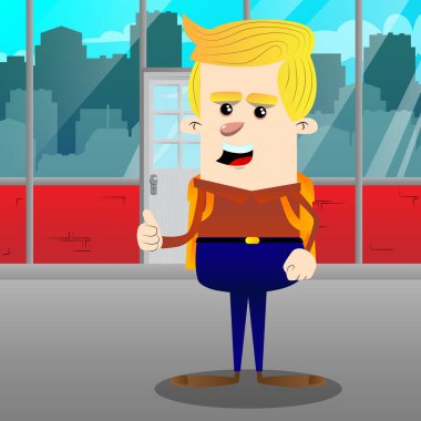 Başparmak yukarıya işareti yaparak okul çocuğu. Vektör çizgi film karakteri çizim.