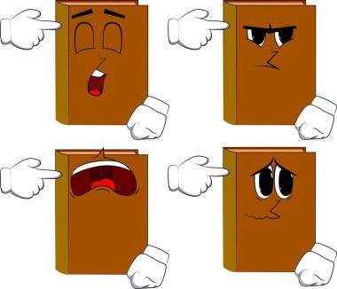 Hayali bir silahı kafasına koyarak kitaplar. Karikatür kitap koleksiyonu ile yüzleri üzgün. İfadeler kümesi vektör.