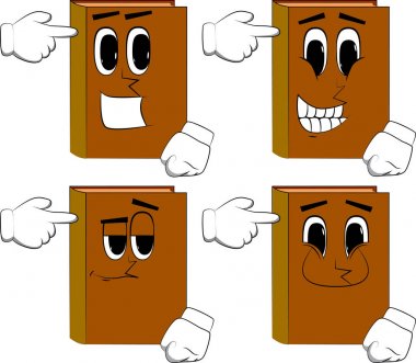 Hayali bir silahı kafasına koyarak kitaplar. Karikatür kitap koleksiyonu ile mutlu yüzler. İfadeler kümesi vektör.