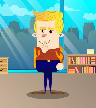 Ağzının parmak açık tutan bir okul çocuğu. Vektör çizgi film karakteri çizim.