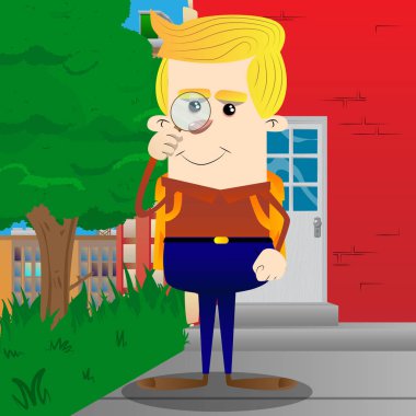 Büyüteç tutarak okul çocuğu. Vektör çizgi film karakteri çizim.