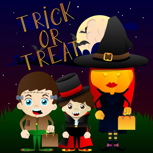 Dibujos Animados Coloridos Halloween Niños Truco Tratamiento Ilustración Vectorial — Vector de stock