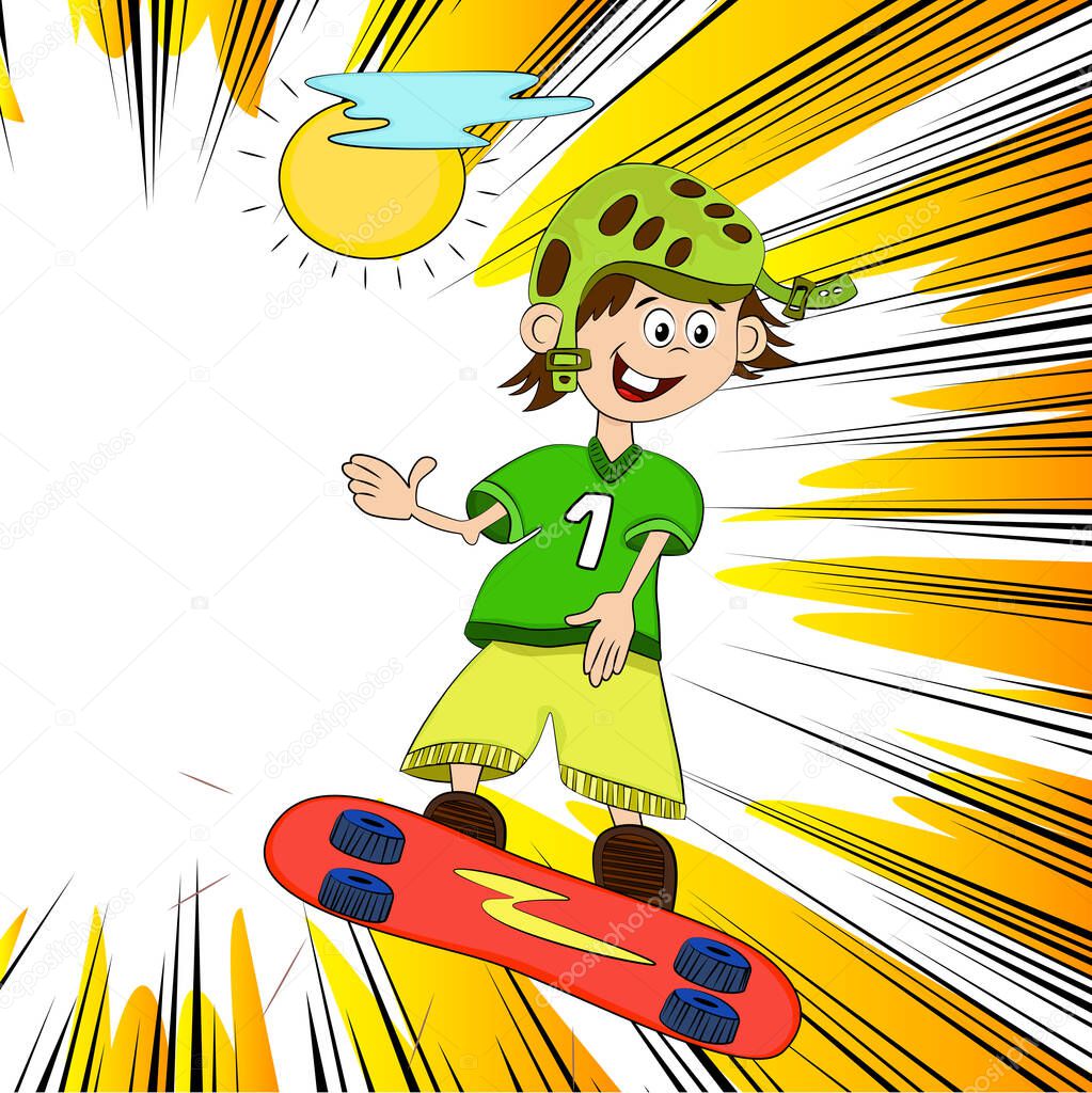 Scateboarding boy, Sport children cartoon. Outlined Kids Physical Activities Vector Illustration.