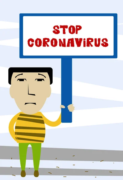 Rajzfilm Illusztráció Ember Áll Egy Banner Stop Coronavirus Szöveg — Stock Vector