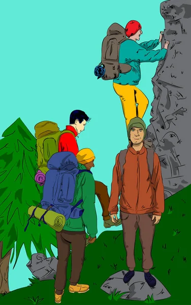 Vector Illustré Des Jeunes Hommes Sur Sentier Randonnée Une Montagne — Image vectorielle