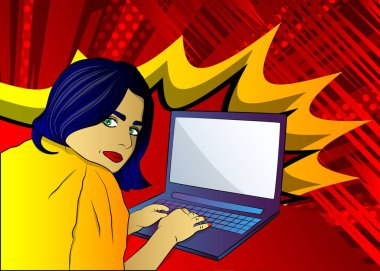 Pop Art İşkadını evde çalışıyor. Çizgi roman tarzı, dizüstü bilgisayarın önünde çizgi film kadını. Serbest çalışan kadın rahat koşullarda çalışır.