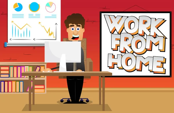 Der Mann Arbeitet Seinem Home Office Zeichentrickvektorillustration Geschäftsmann Bleibt Und — Stockvektor