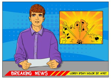 Pop Art sunucusu, flaş haber, patlama, saldırı ya da kaza haberi - çizgi roman tarzı, çizgi film vektörü