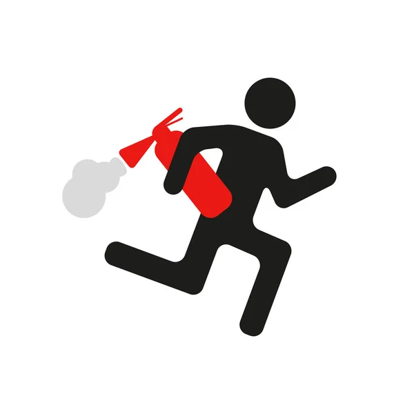Señal de advertencia humorística hombre con extintor de incendios — Vector de stock