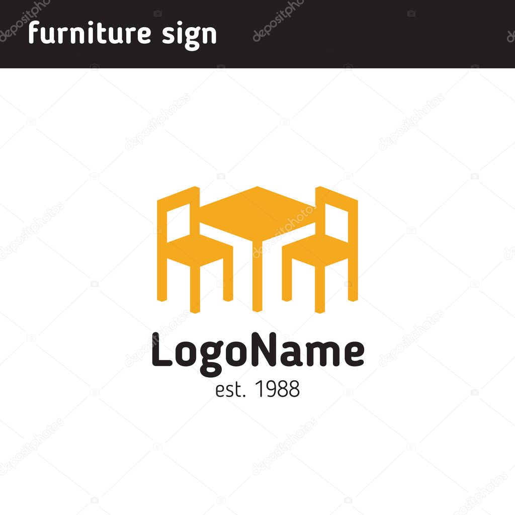 Sign for a furniture company, table and two chairs