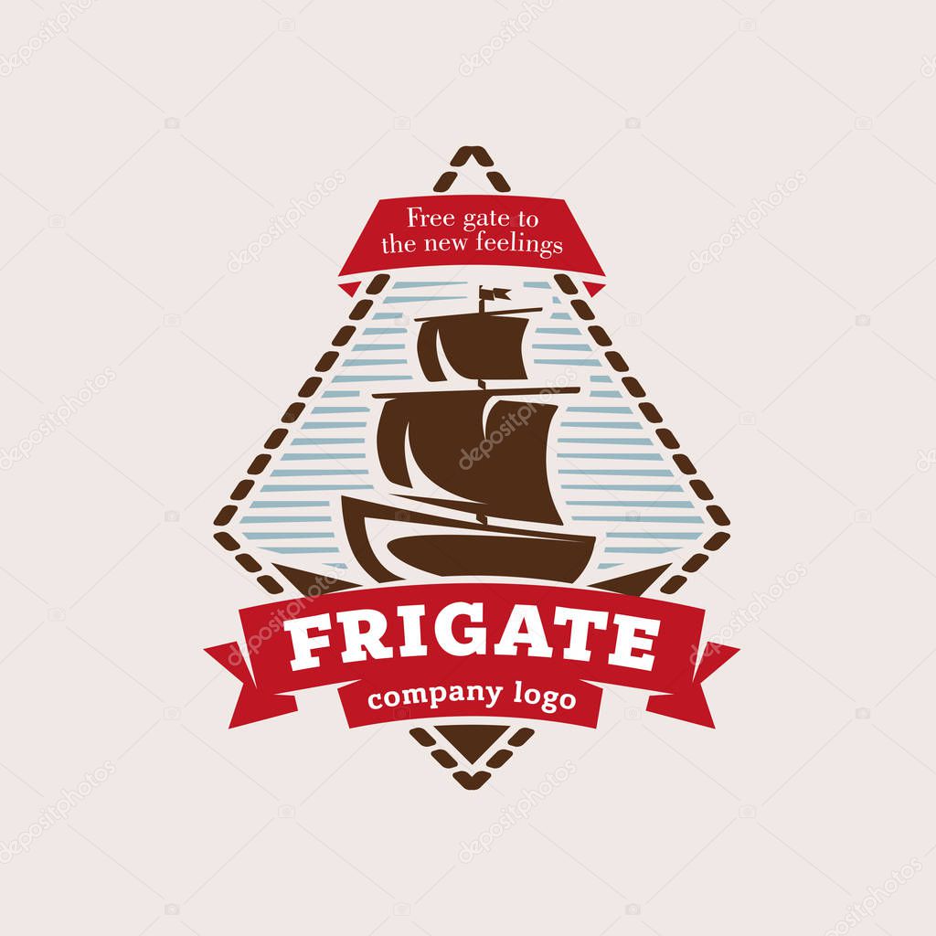 Logo in the form of a frigate, in retro style in a frame and with ribbons