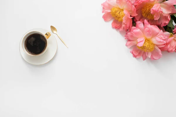 Cup Of Coffee And Spring Flowers ( Peach) On Pink Wooden Table. Stock  Photo, Picture and Royalty Free Image. Image 70289623.