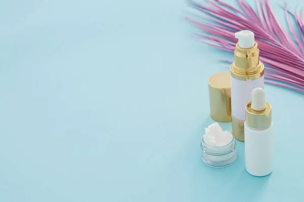 Φυσικά Και Ομορφιά Προϊόντα Skincare Ροζ Palm Φύλλα Μπλε Φόντο — Φωτογραφία Αρχείου