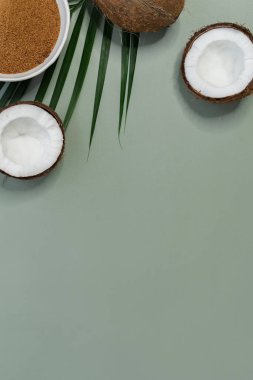 fresh coconuts with brown palm sugar on green background 