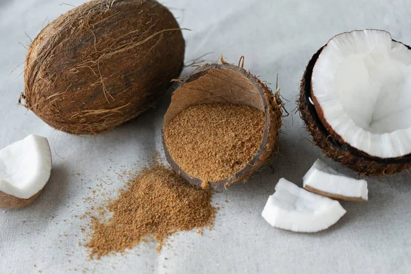 Fresh Coconuts Brown Palm Sugar Background — Stok fotoğraf