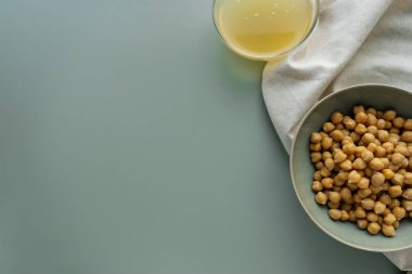 vegan cooking concept, chickpea water aquafaba, space for text 