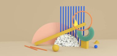 Bej arkaplanda dengelenen basit formların 3D çizimi. Bauhaus modern kavram arka planı 