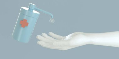 3 boyutlu antimikrobik dezenfektan ya da sabun ve beyaz el, heathcare konsepti.