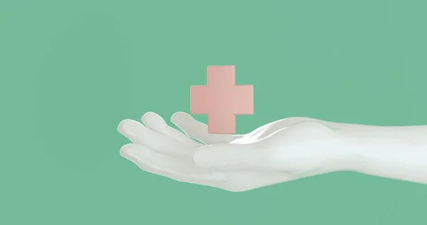 Rendered Illustration White Hand Holding Pink Medical Cross Green Background — Stock Photo, Image