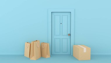 3D illüstrasyon. Kapıya yakın paketler, kapı bırakma servisi. Bağlantı kurmamak için.