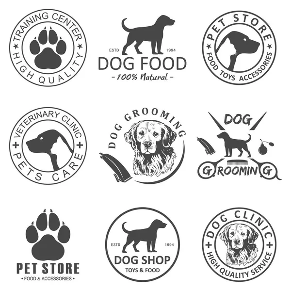 Vektör köpek logo ve köpek kulübü veya bakım, eğitim salonu, için simgeler kümesi — Stok Vektör