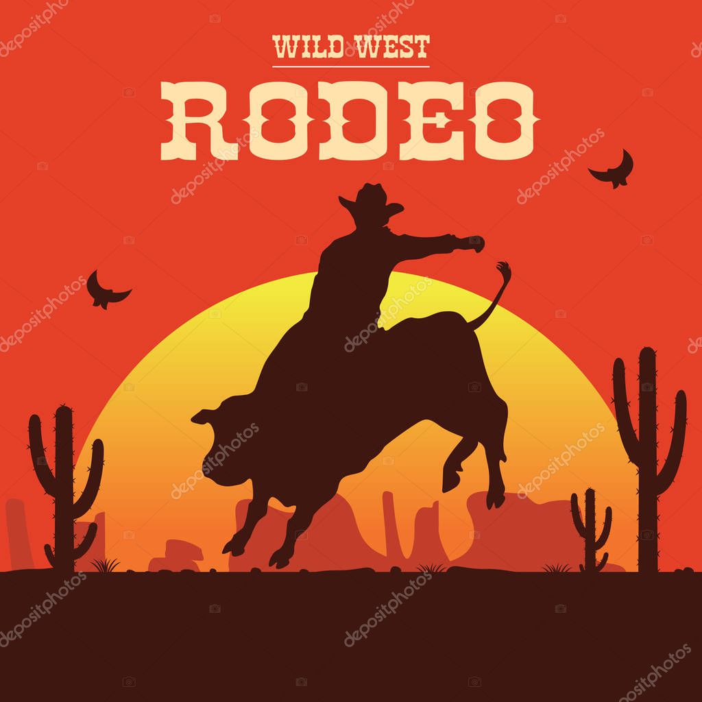 Rodeo cowboy riding a wild bull silhouette
