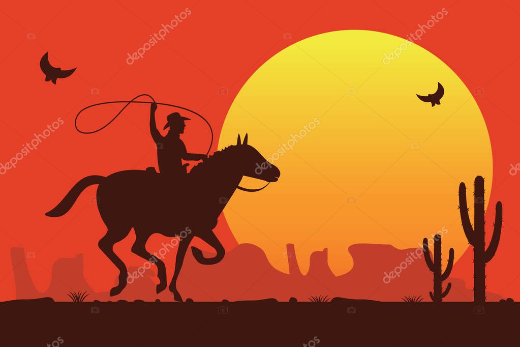 Cowboy riding a wild horse. Vector illustration