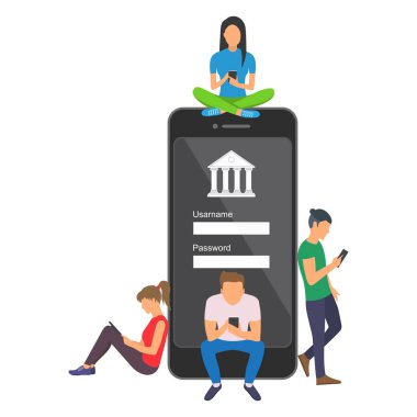 Mobil bankacılık konsept illüstrasyon insan para nakletmek ve online banka için app kullanarak