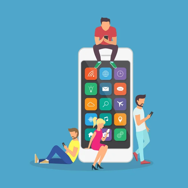 Jonge kinderen zijn in de buurt van een grote smartphone en het gebruik van telefoons te lezen nieuws en communiceren. — Stockvector