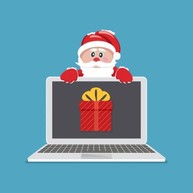 Dizüstü bilgisayar hediye ile. Noel Baba hediye laptop vermek. Vektör çizim.
