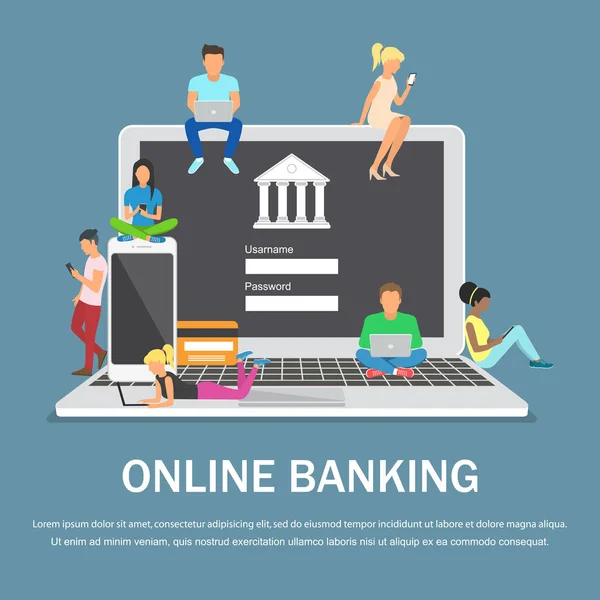 Mobile banking concept illustratie van mensen met behulp van de laptop en mobiele smartphone voor online bankieren — Stockvector