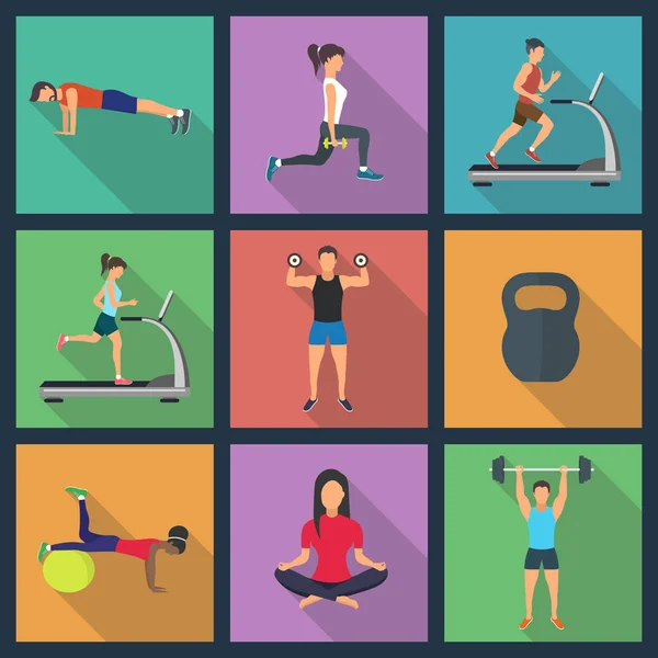 Illustration of young people doing workout with equipment. — Stock Vector