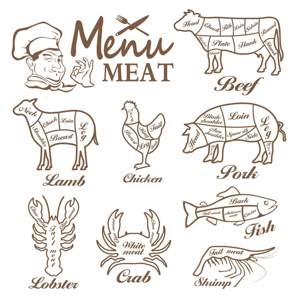 Menù di carne. Set etichette macelleria — Vettoriale Stock