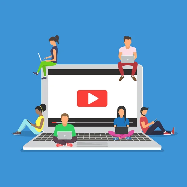 Mobil gadget'ları, kullanan gençlerin tablet pc canlı bir video internet üzerinden izlemek için. Video. Düz tasarım.