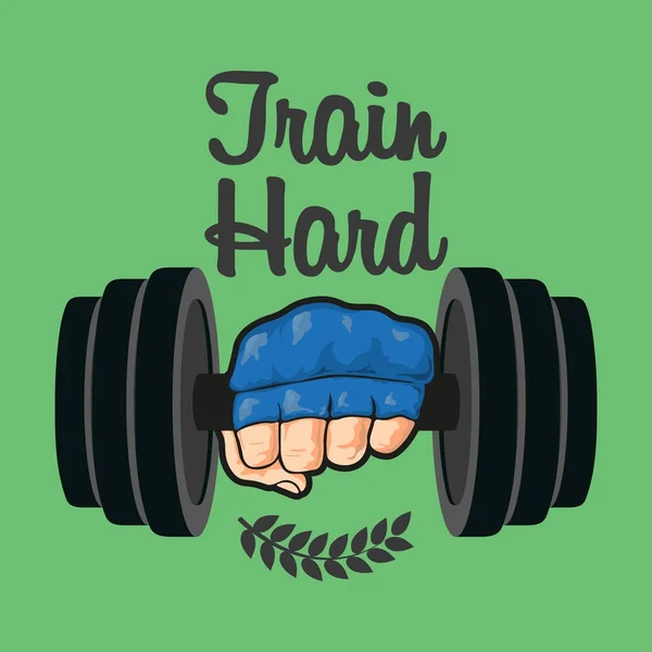 Hand with dumbbell. Gym, fitness, sport label. Train hard, — Stock Vector