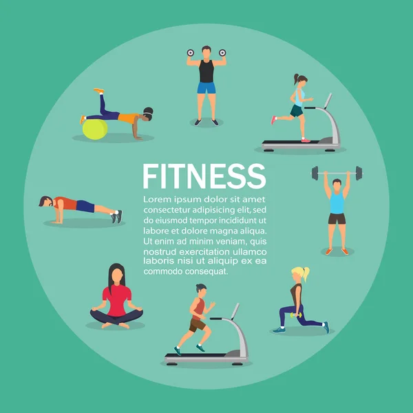 Vector illustration of young people doing workout with equipment. Infographic — Stock Vector