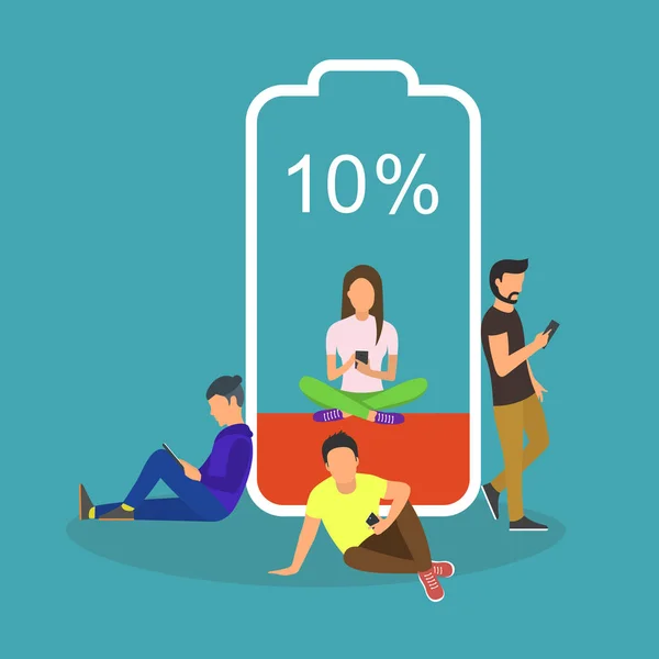 Battery low concept vector illustration of young people using smartphones and tablets with poor battery level. — Stock Vector