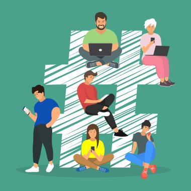 Mobil tablet kullanan gençlerin kavramı çizimi .