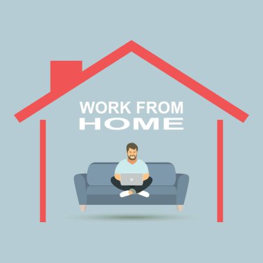 Sofa.Vector illüstrasyonunda dizüstü bilgisayarla çalışan genç bir iş adamı..