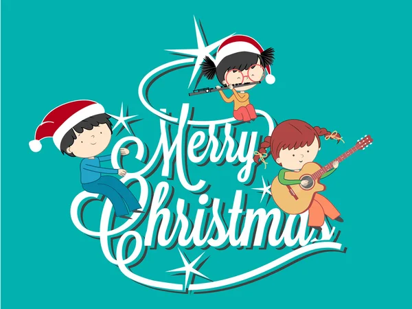 Niños tocando música en letras del árbol de Navidad feliz con fuente caligráfica — Vector de stock