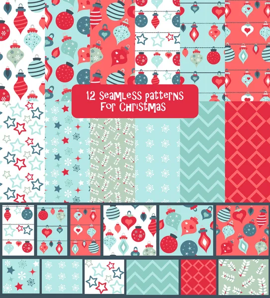 Set of seamless colorful bright and fun Christmas patterns — Stock Vector