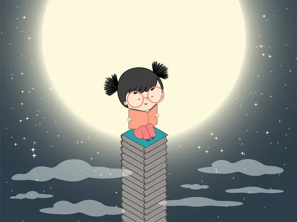 Chica de dibujos animados leyendo en una pila de libros cerca de la luna en la noche oscura con muchas estrellas vector ilustración — Archivo Imágenes Vectoriales