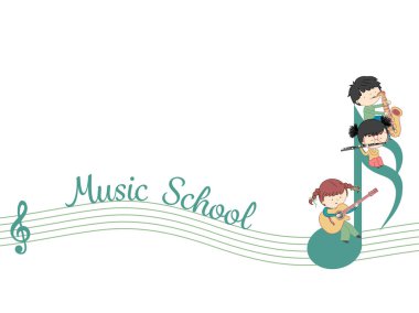 Müzik Okulu web afiş vektör şablon çocuk ve beyaz arka plan üzerinde birçok enstrüman isoalted ile
